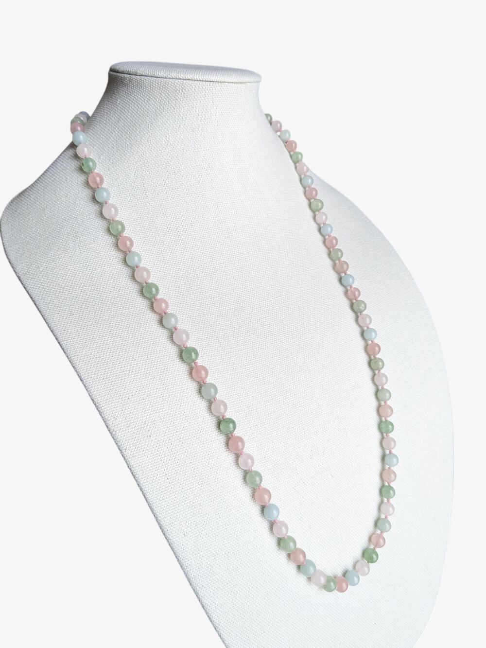 1980s Vintage Jadeite, Rose Quartz, Chalcedony Beaded Necklace